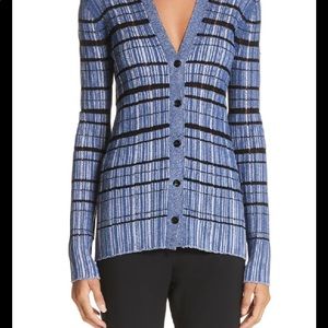 V-neck Button Striped Ribbed Cardigan Blue/ White